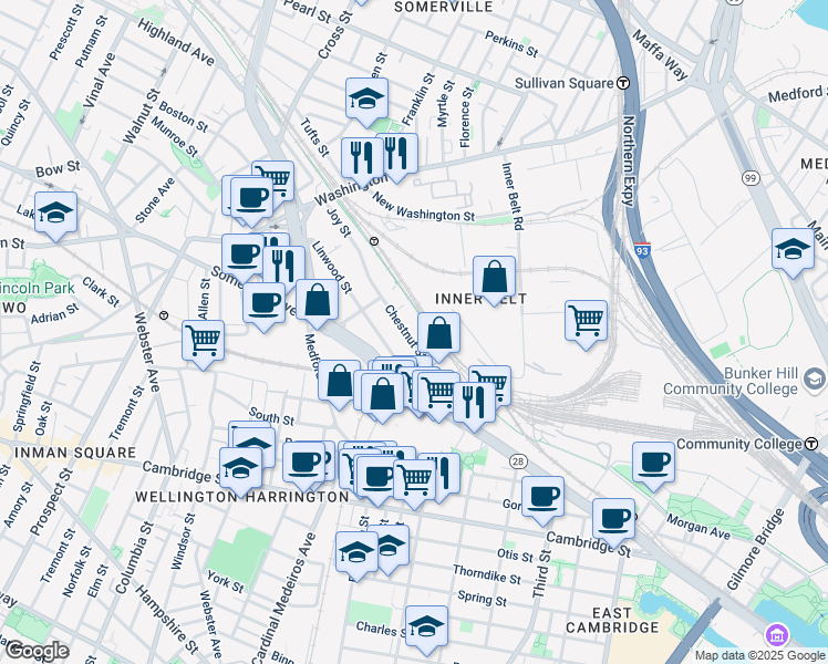 map of restaurants, bars, coffee shops, grocery stores, and more near 28 Chestnut Street in Somerville