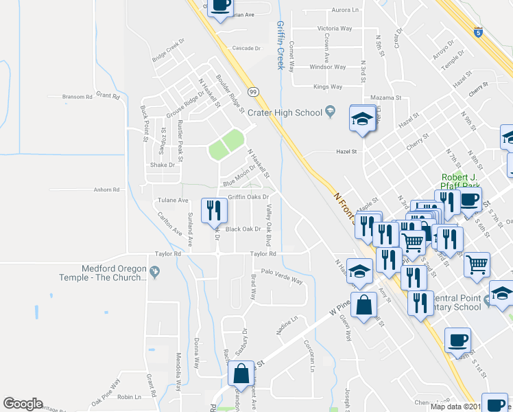 map of restaurants, bars, coffee shops, grocery stores, and more near 662 Red Oak Street in Central Point