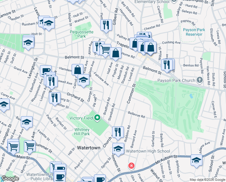 map of restaurants, bars, coffee shops, grocery stores, and more near 88 Bradford Road in Watertown