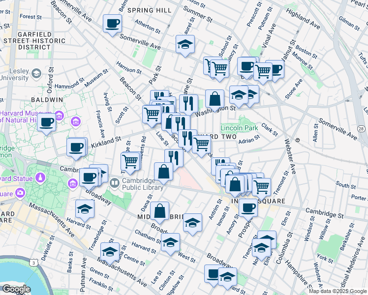 map of restaurants, bars, coffee shops, grocery stores, and more near 76 Beacon Street in Somerville