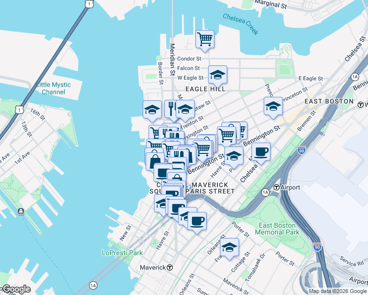 map of restaurants, bars, coffee shops, grocery stores, and more near 26 Princeton Street in Boston