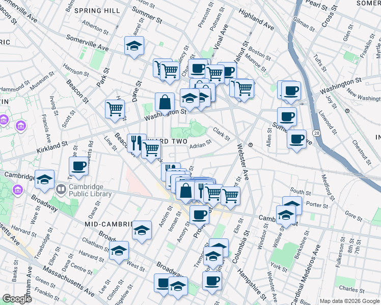map of restaurants, bars, coffee shops, grocery stores, and more near 9 Marion Street in Somerville