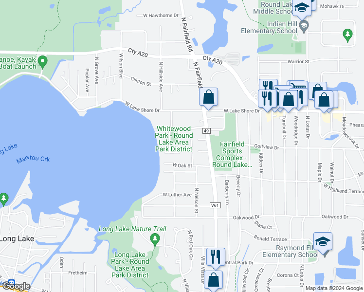 map of restaurants, bars, coffee shops, grocery stores, and more near 35339 North Hickory Lane in Round Lake