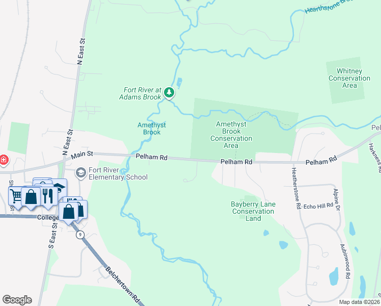 map of restaurants, bars, coffee shops, grocery stores, and more near 106 West Pelham Road in Amherst