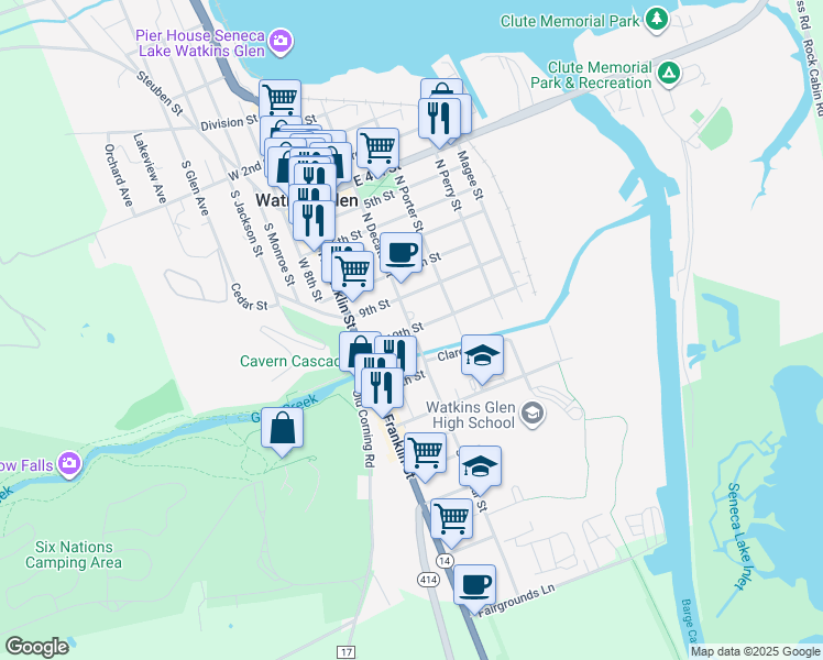 map of restaurants, bars, coffee shops, grocery stores, and more near 200 10th Street in Watkins Glen