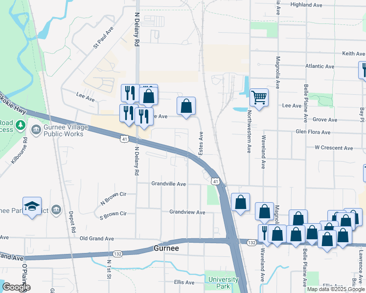 map of restaurants, bars, coffee shops, grocery stores, and more near 1111 U.S. 41 in Gurnee