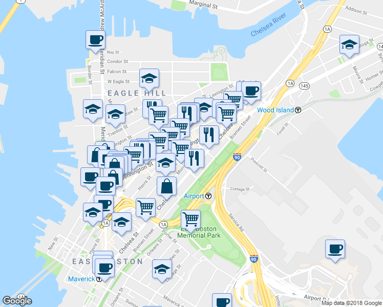 map of restaurants, bars, coffee shops, grocery stores, and more near 303 Paris Street in Boston