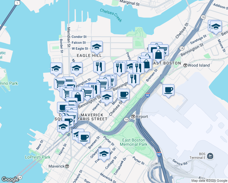 map of restaurants, bars, coffee shops, grocery stores, and more near 303 Paris Street in Boston
