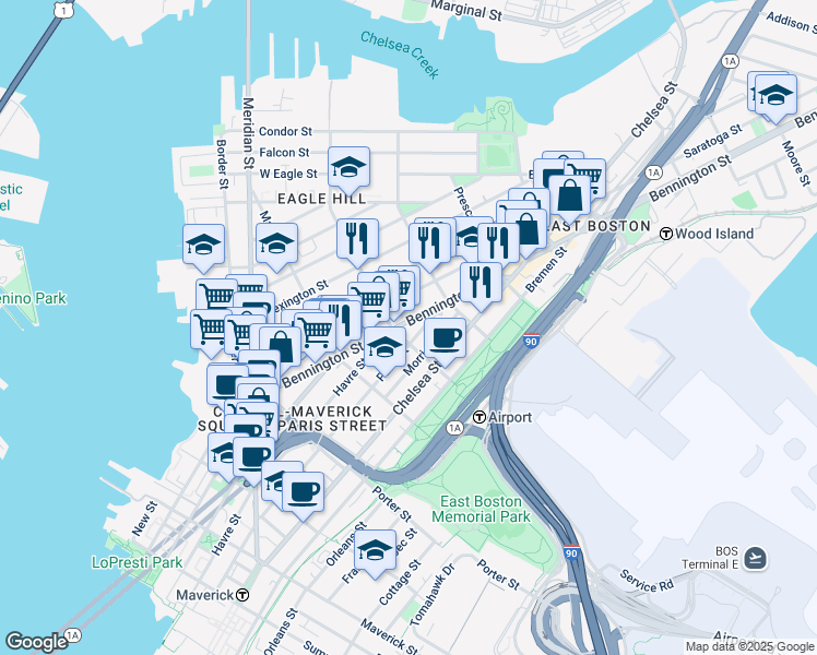 map of restaurants, bars, coffee shops, grocery stores, and more near 303 Paris Street in Boston