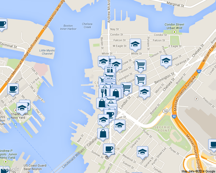 map of restaurants, bars, coffee shops, grocery stores, and more near 239 Border Street in Boston