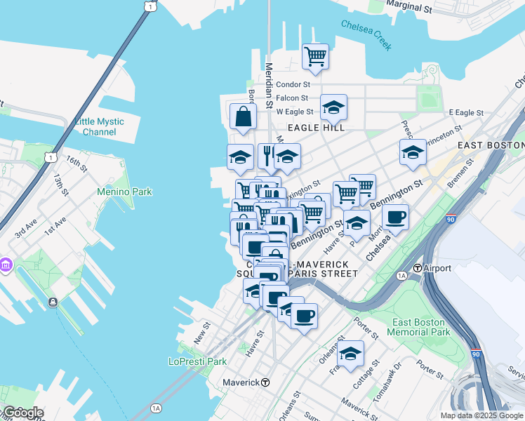 map of restaurants, bars, coffee shops, grocery stores, and more near 239 Border Street in Boston