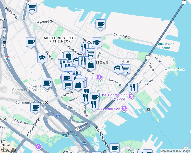map of restaurants, bars, coffee shops, grocery stores, and more near Freedom Trail in Boston