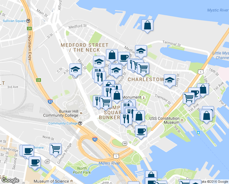 map of restaurants, bars, coffee shops, grocery stores, and more near 219 Main Street in Boston