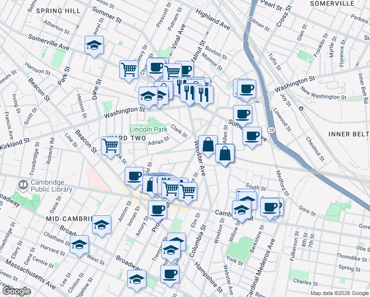 map of restaurants, bars, coffee shops, grocery stores, and more near 22 Concord Avenue in Somerville