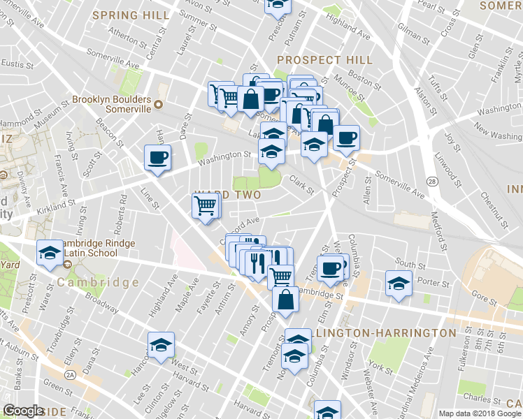 map of restaurants, bars, coffee shops, grocery stores, and more near 68 Concord Avenue in Somerville
