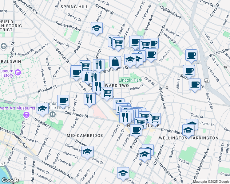 map of restaurants, bars, coffee shops, grocery stores, and more near 10 Wyatt Circle in Somerville