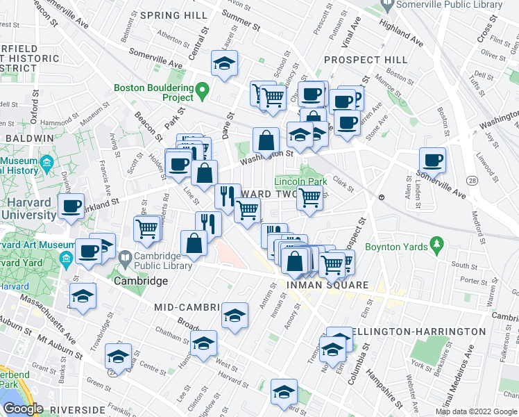 map of restaurants, bars, coffee shops, grocery stores, and more near 15 Buckingham Street in Somerville