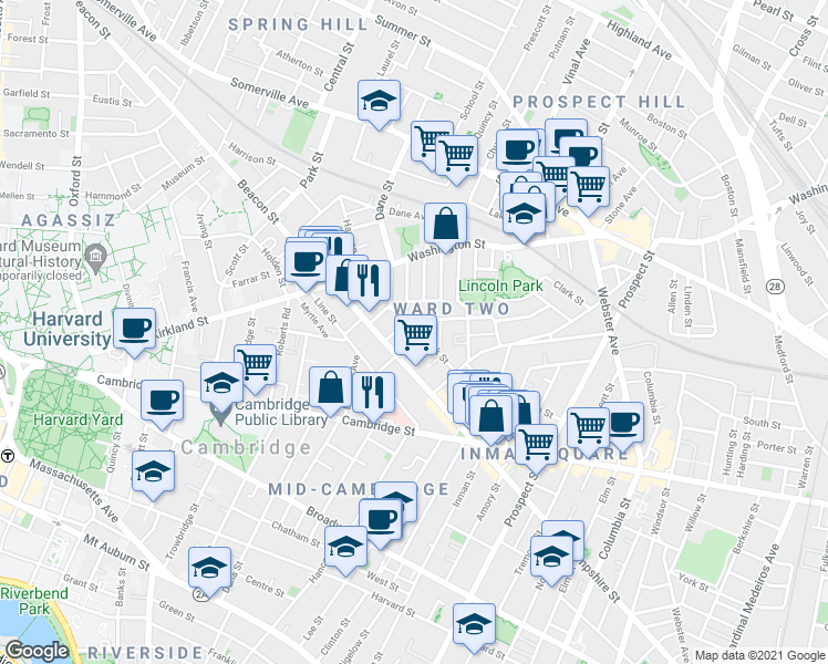 map of restaurants, bars, coffee shops, grocery stores, and more near 15 Buckingham Street in Somerville