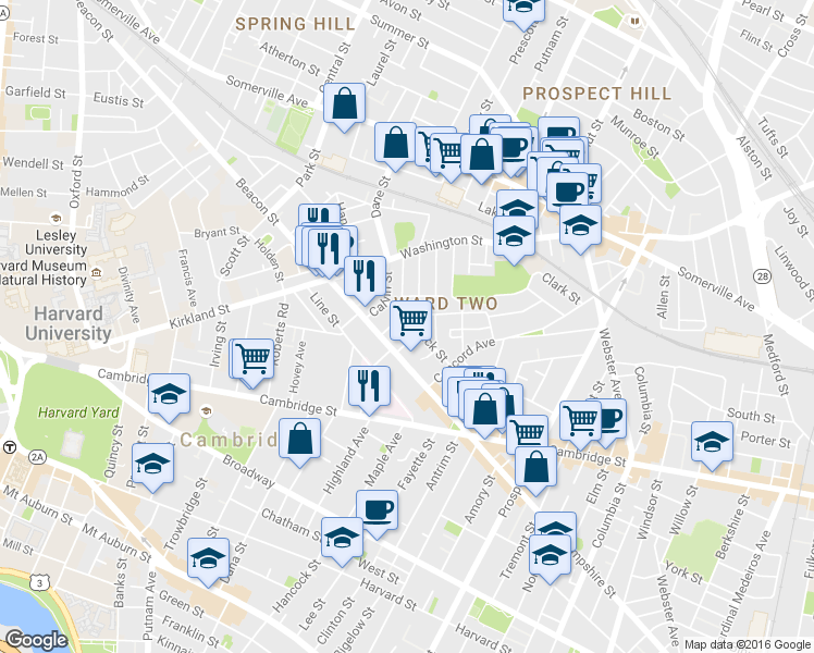 map of restaurants, bars, coffee shops, grocery stores, and more near 15 Buckingham Street in Somerville