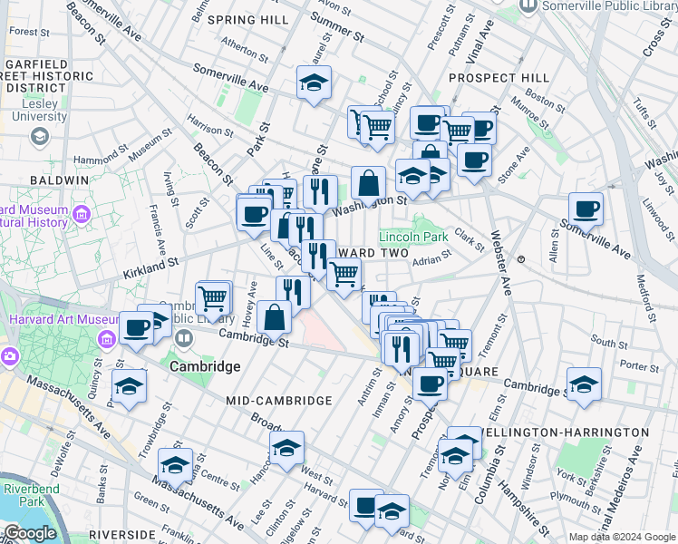 map of restaurants, bars, coffee shops, grocery stores, and more near 15 Buckingham Street in Somerville