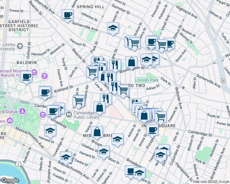 map of restaurants, bars, coffee shops, grocery stores, and more near 76 Beacon Street in Somerville