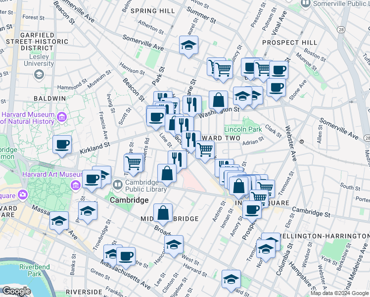 map of restaurants, bars, coffee shops, grocery stores, and more near 76 Beacon Street in Somerville