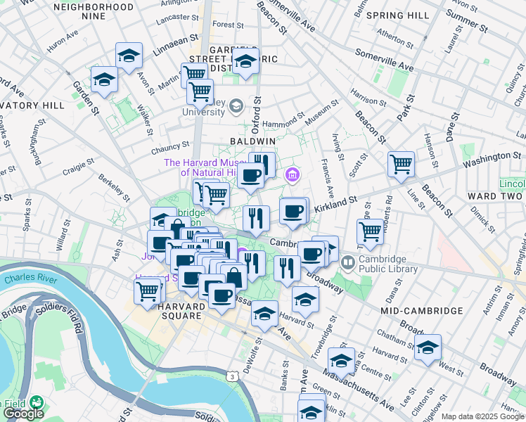 map of restaurants, bars, coffee shops, grocery stores, and more near 12 R Oxford Street in Cambridge