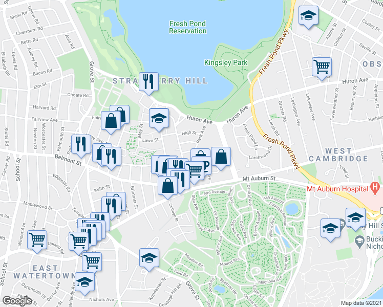 map of restaurants, bars, coffee shops, grocery stores, and more near 28 Holworthy Place in Cambridge
