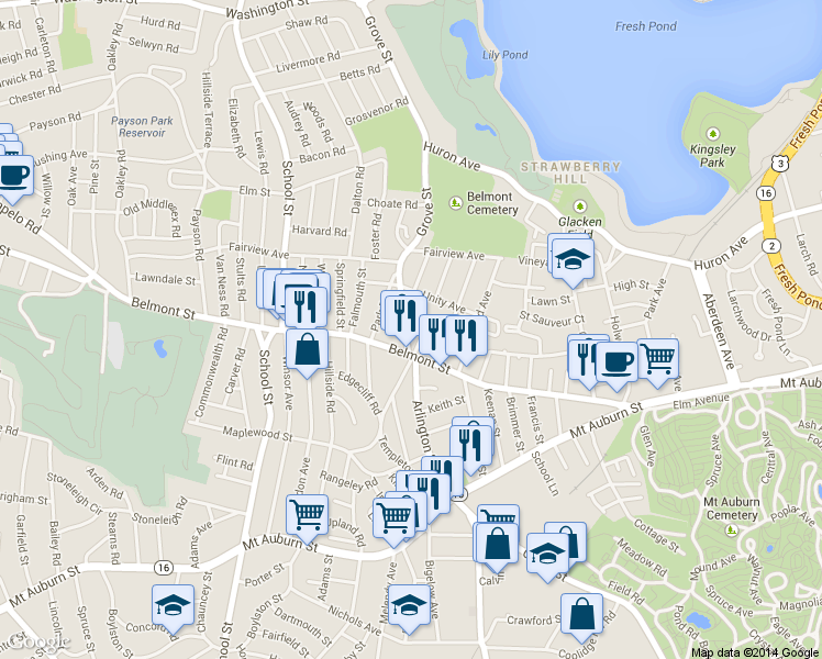map of restaurants, bars, coffee shops, grocery stores, and more near 7 Grove Street in Belmont
