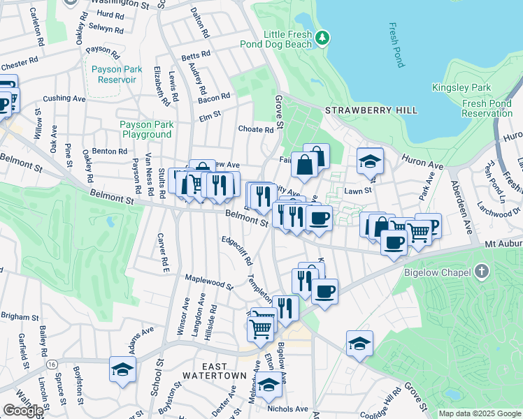map of restaurants, bars, coffee shops, grocery stores, and more near 7 Grove Street in Belmont
