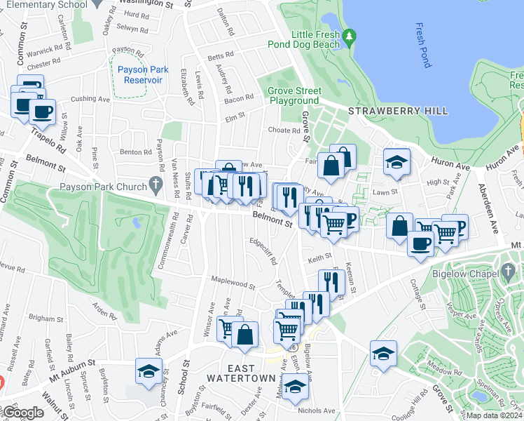map of restaurants, bars, coffee shops, grocery stores, and more near 220 Belmont Street in Watertown