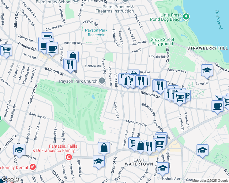 map of restaurants, bars, coffee shops, grocery stores, and more near 21 Commonwealth Road in Watertown