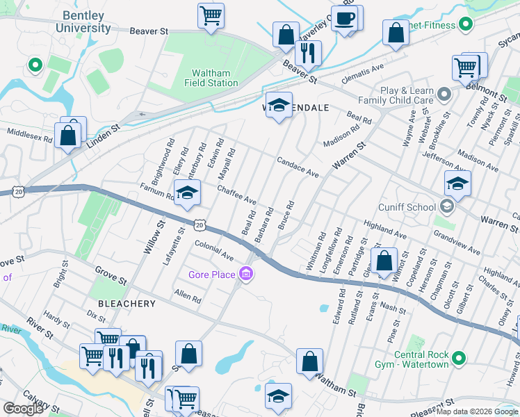 map of restaurants, bars, coffee shops, grocery stores, and more near 37 Beal Road in Waltham