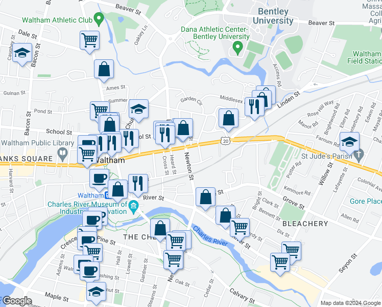 map of restaurants, bars, coffee shops, grocery stores, and more near 16 Newton Street in Waltham