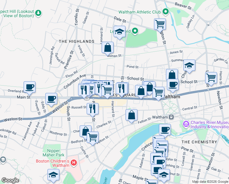 map of restaurants, bars, coffee shops, grocery stores, and more near in Waltham