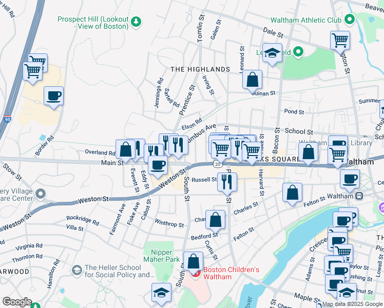 map of restaurants, bars, coffee shops, grocery stores, and more near in Waltham