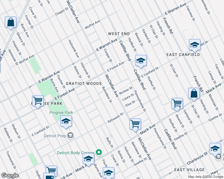 map of restaurants, bars, coffee shops, grocery stores, and more near 4276 Belvidere Street in Detroit