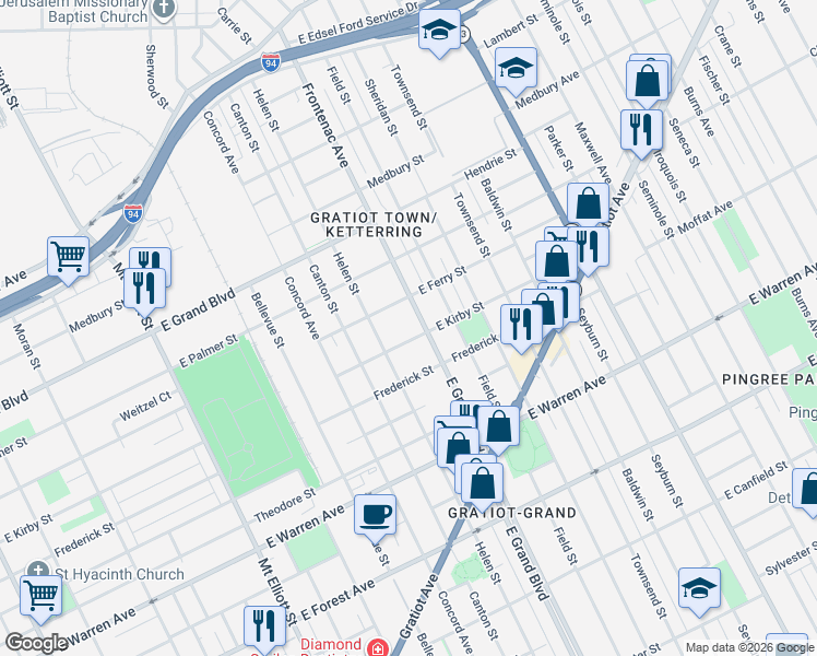map of restaurants, bars, coffee shops, grocery stores, and more near 7023 East Kirby Street in Detroit