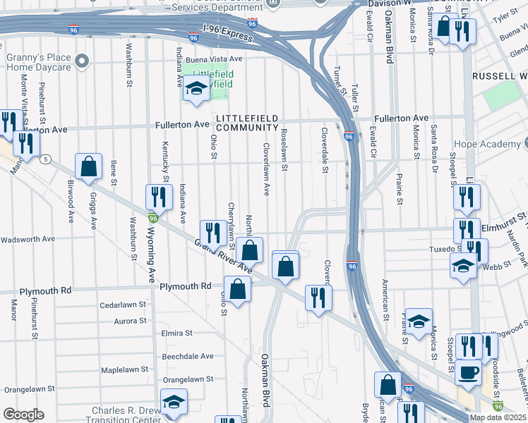 map of restaurants, bars, coffee shops, grocery stores, and more near 12034 Northlawn Street in Detroit