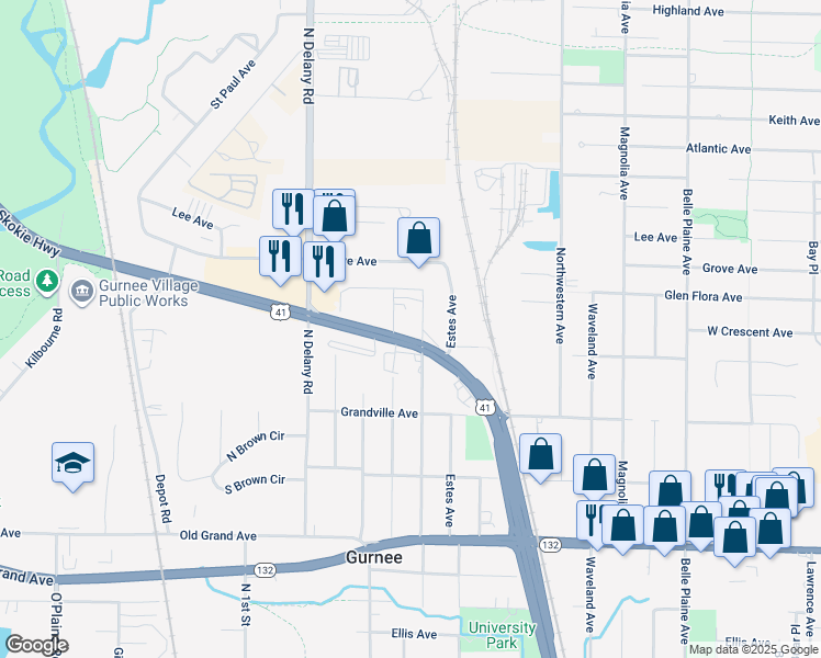 map of restaurants, bars, coffee shops, grocery stores, and more near 1111 U.S. 41 in Gurnee