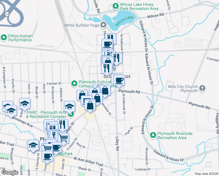 map of restaurants, bars, coffee shops, grocery stores, and more near 413 North Main Street in Plymouth