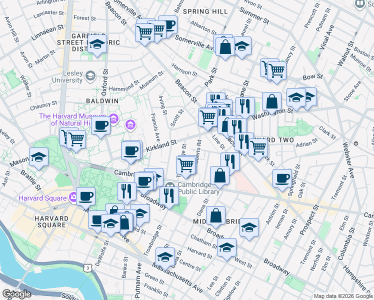 map of restaurants, bars, coffee shops, grocery stores, and more near 23 Roberts Road in Cambridge