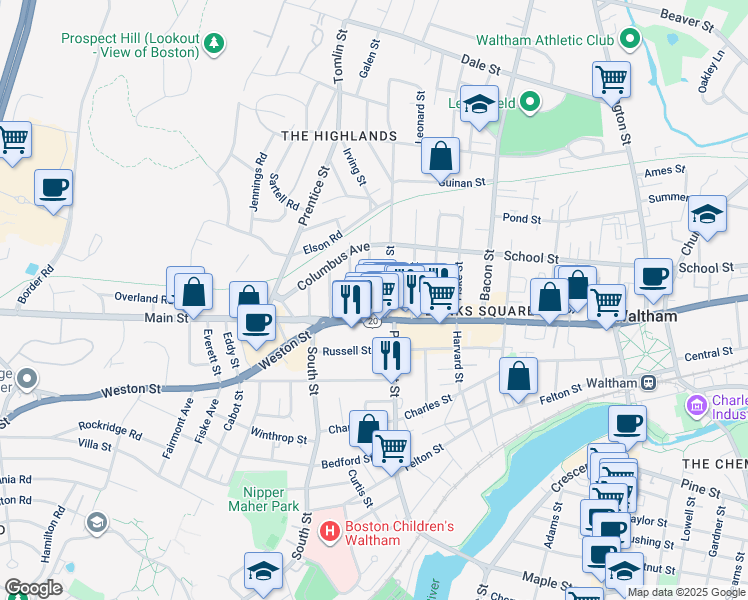 map of restaurants, bars, coffee shops, grocery stores, and more near 15 Rich Street in Waltham