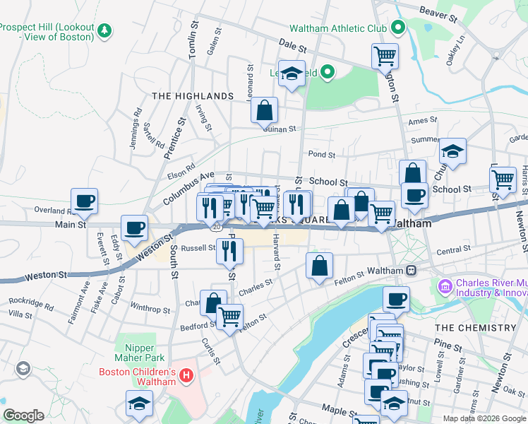 map of restaurants, bars, coffee shops, grocery stores, and more near in Waltham