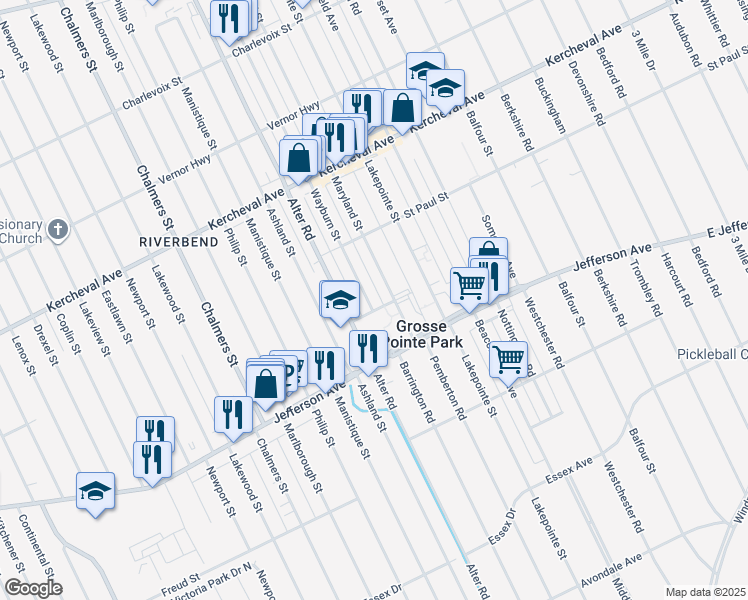 map of restaurants, bars, coffee shops, grocery stores, and more near 14939 Hampton Street in Grosse Pointe Park