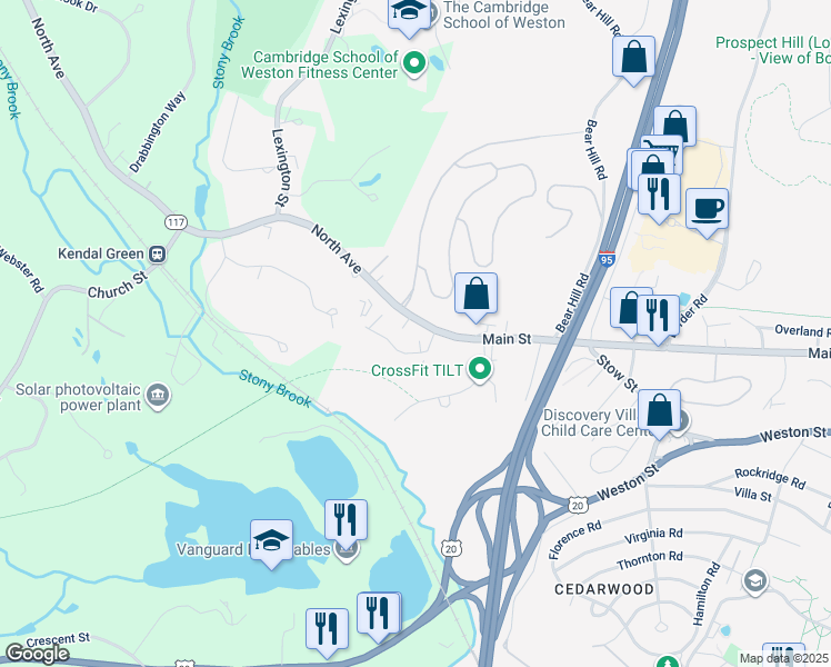 map of restaurants, bars, coffee shops, grocery stores, and more near 1440 Main Street in Waltham