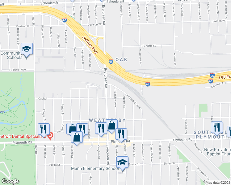 map of restaurants, bars, coffee shops, grocery stores, and more near 12236 Plainview Avenue in Detroit