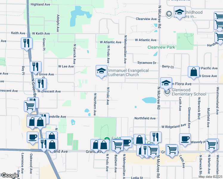 map of restaurants, bars, coffee shops, grocery stores, and more near 1205 North Frolic Avenue in Waukegan