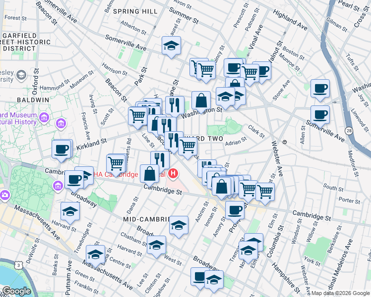 map of restaurants, bars, coffee shops, grocery stores, and more near 15 Buckingham Street in Somerville