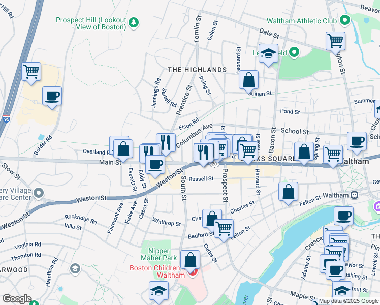 map of restaurants, bars, coffee shops, grocery stores, and more near in Waltham